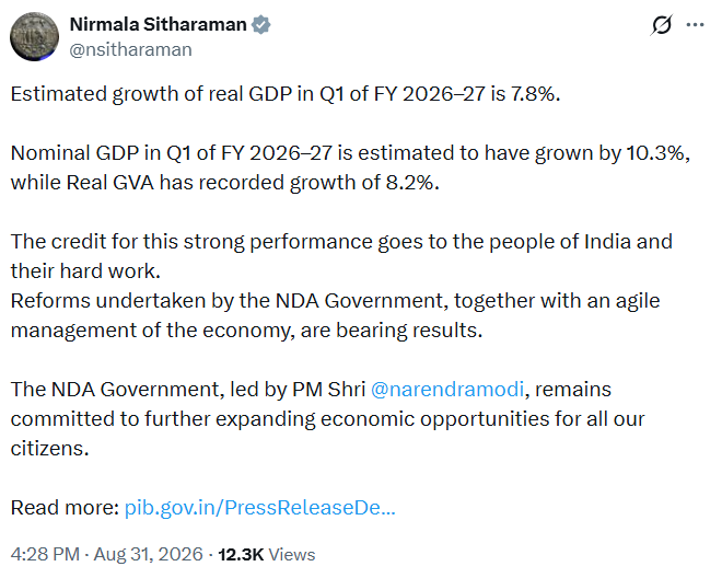 Commenting on the GDP numbers, Finance Minister Nirmala Sitharaman said in a post on X