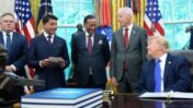Mesabi Metallics Chairman Rewant Ruia speaks as President Donald Trump, from right, Energy Secretary Chris Wright, Essar Capital Director Prashant Ruia and Mesabi Metallics CEO Joe Broking listen in the Oval Office of the White House, Monday, Sept. 28, 2026, in Washington.
