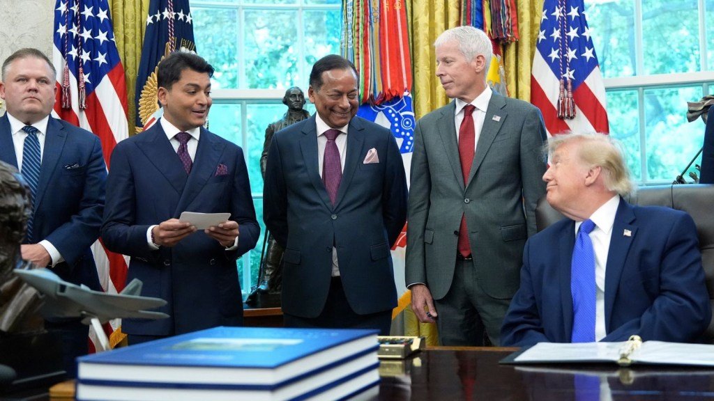 Mesabi Metallics Chairman Rewant Ruia speaks as President Donald Trump, from right, Energy Secretary Chris Wright, Essar Capital Director Prashant Ruia and Mesabi Metallics CEO Joe Broking listen in the Oval Office of the White House, Monday, Sept. 28, 2026, in Washington.