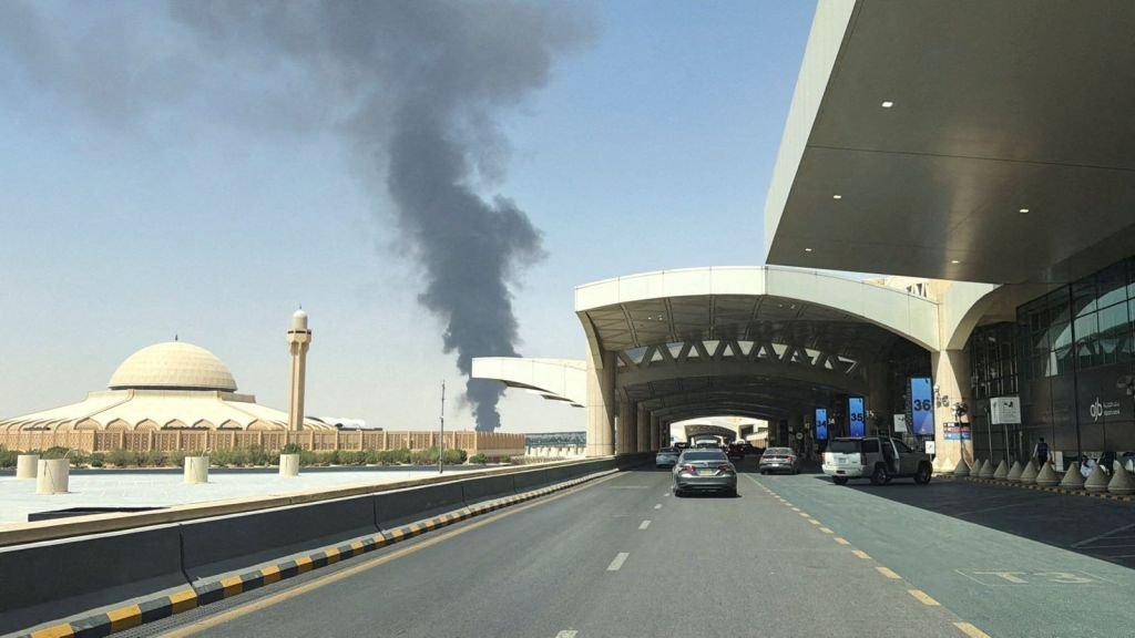 Large plume of black smoke rises from the fuel storage area at King Khalid International Airport, in Riyadh, Saudi Arabia, September 19, 2026.