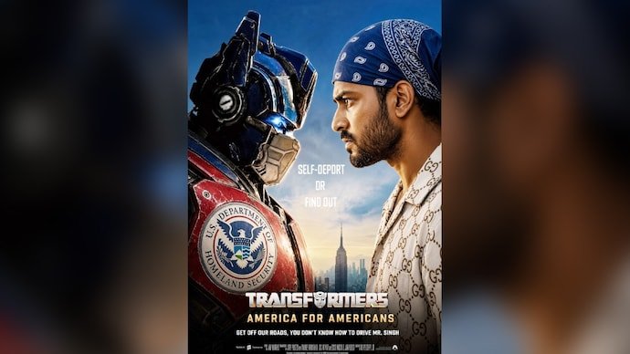 AI-generated Transformers-style poster targeting an Indian-origin truck driver