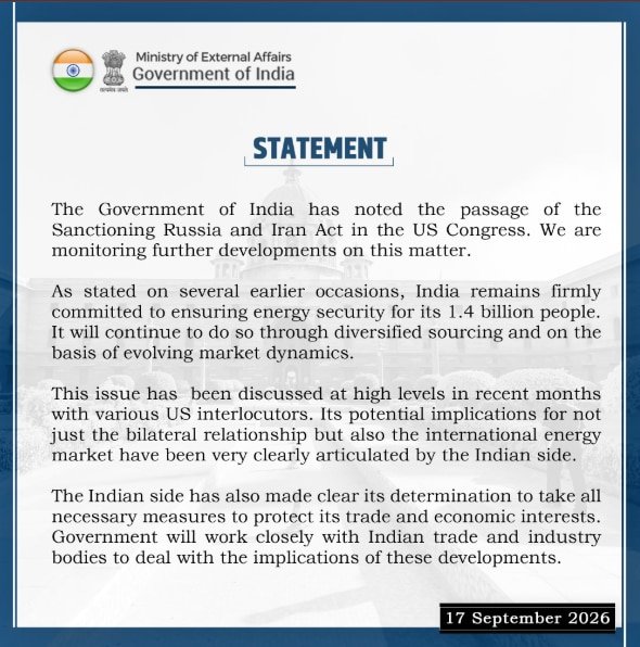 External Affairs Ministry statement on US House passing Russia sanctions bill.