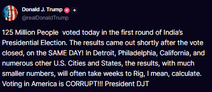 He then compared that with voting in places including Detroit and Philadelphia, as well as California, and claimed that US elections are “corrupt.”