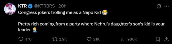 That is why KTR was referred to as a "nepo kid", which led to the Telangana leader attacking Rahul Gandhi.